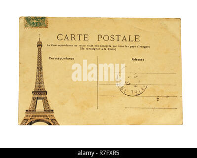 Vintage francese post card con la famosa torre Eiffel a Parigi. Isolato su sfondo bianco Foto Stock