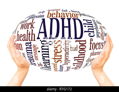 ADHD - sindrome di iperattività del deficit di attenzione disordine word cloud sfera mano concetto su sfondo bianco. Foto Stock