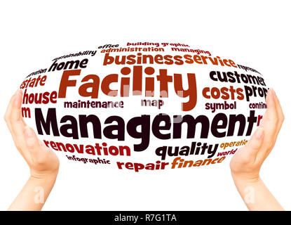 Facility Management parola cloud sfera mano concetto su sfondo bianco. Foto Stock