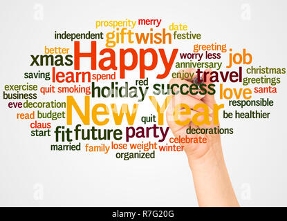 Felice Anno Nuovo word cloud e la mano con il concetto di marcatore su sfondo bianco. Foto Stock