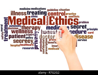 Etica medica word cloud la scrittura a mano concetto su sfondo bianco. Foto Stock