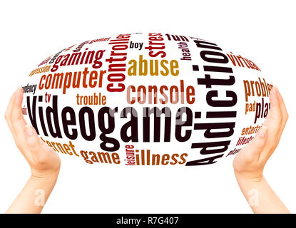 Dipendenza da videogioco word cloud sfera mano concetto su sfondo bianco. Foto Stock