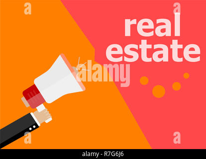Real estate. Mano azienda megafono e discorso bolla. Design piatto Foto Stock