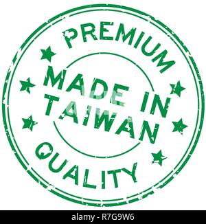 Green Grunge premium quality made in Taiwan round la guarnizione in gomma timbro su sfondo bianco Illustrazione Vettoriale