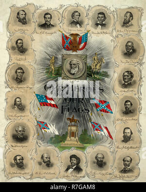 I nostri eroi e le nostre bandiere - Memorial stampa per la confederazione, pubblicata 30 anni dopo la fine della Guerra Civile Americana. Ritratti, in senso orario dal centro superiore, di "Jefferson Davis, Alexander H. Stephens, Lt. Gen. T.J. Stonewall Jackson, Gen. S. Prezzo, Lt. Gen. Polk, Lt. Gen. Hardee, Gen JEB Stuart, Gen. J.E. Johnston, Lt. Gen. Kirby Smith, John H. Morgan, Lt. Gen. R.S. Ewell, Gen. Wade Hampton, Gen. S. Cooper, Lt. Gen. Longstreet, Gen. Benjamin Braxtonn Bragg, Gen. cofano, gen. A.P. Hill, e Gen. P. T. Beauregard,' circondano l'immagine centrale di Robert E. Lee, una statua equestre e quattro Foto Stock