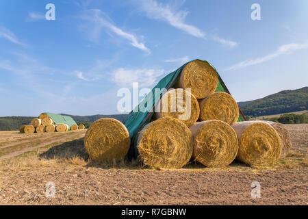 Il paesaggio in Germania con la pila di rotoli di paglia nel campo di grano Foto Stock