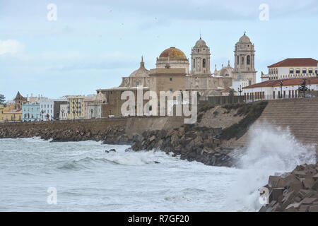 Cattedrale di Santa Croce di Cadice. Punto di riferimento architettonico sulla costa atlantica dell'Andalusia in Spagna. Foto Stock