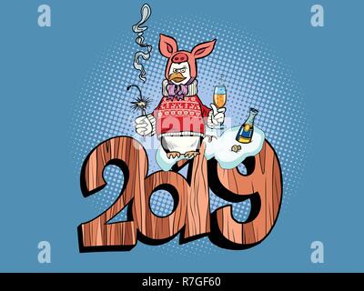 2019 felice anno nuovo costume di maiale. penguin celebra. Fumetto cartoon arte pop retrò illustrazione vettoriale disegno Illustrazione Vettoriale