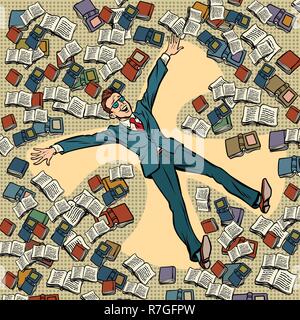 Un uomo fa un angelo di neve nei libri. Fumetto cartoon arte pop retrò illustrazione vettoriale disegno Illustrazione Vettoriale