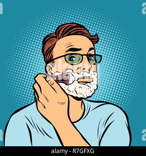 L'Uomo Pennelli per barba, igiene, la mattina in bagno. Fumetto cartoon arte pop retrò illustrazione vettoriale disegno Illustrazione Vettoriale