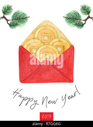 Felice Anno Nuovo cartolina con pacchetto di rossi e pini Foto Stock