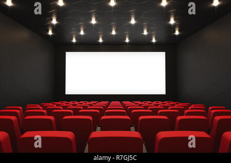 Svuotare sala cinema con schermo bianco e rosso sedili, rendering 3D Foto Stock