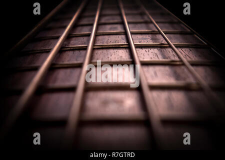 Legno di palissandro bass guitar fret board e stringhe con retroilluminazione closeup Foto Stock