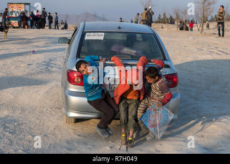 La guida a volare Kites su un venerdì sera sulla cima di una collina, Kabul, provincia di Kabul, Afghanistan Foto Stock