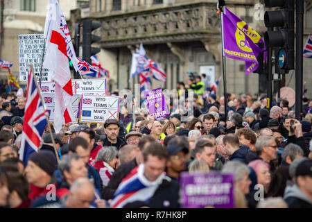 Un dimostratore può contenere fino a 'Make Brexit accadere, join' UKIP firmare al pro-Brexit marzo. 3.000 Pro-Brexit manifestanti e 15.000 Anti-Facist contro i dimostranti sono scesi per le strade di Londra di esprimere la loro posizione in merito alla trattativa in anticipo della chiave Brexit votazione in Parlamento questo martedì. Foto Stock