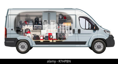 Recapito commerciale van con dispositivi elettronici per la casa all'interno. La consegna di elettrodomestici e apparecchi da cucina concetto. 3D rendering isolati su sfondo bianco Foto Stock