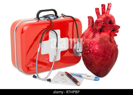 Primo aiuto medico e trattamento del concetto di cuore, rendering 3D isolati su sfondo bianco Foto Stock