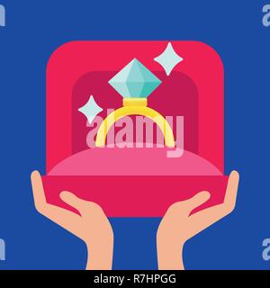 Proposta matrimonio, illustrazione vettoriale. L uomo sta tenendo in mano una scatola aperta con un anello di nozze. Illustrazione Vettoriale