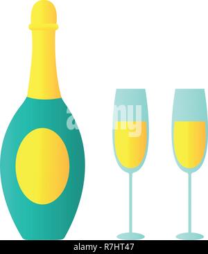 Illustrazione isolato della bottiglia di champagne bubbly, due bicchieri. Vettore per il tempo di Natale, Capodanno, Festa di compleanno, corporate partito. Per ogni tipo di celebrazione, vacanze eventi Illustrazione Vettoriale