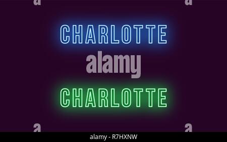 Nome Neon di Charlotte città in Stati Uniti d'America. Testo Vettoriale di Charlotte, iscrizione al neon con retroilluminazione in uno stile audace, colori blu e verde. Isolato incandescente t Illustrazione Vettoriale