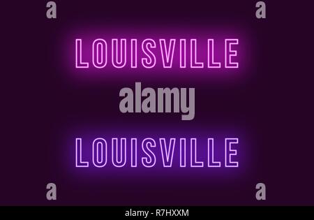 Nome Neon di Louisville città in Stati Uniti d'America. Testo Vettoriale di Louisville, iscrizione al neon con retroilluminazione in uno stile audace, viola e colori viola. Bagliore isolato Illustrazione Vettoriale