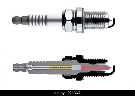 Parti di ricambio candele su sfondo bianco per auto e moto Foto Stock