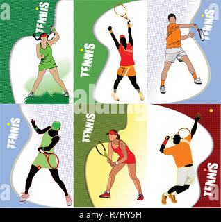 Sei poster del giocatore di tennis. Colorata illustrazione vettoriale per i progettisti Illustrazione Vettoriale