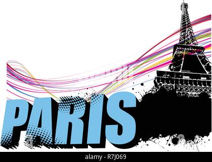 3D parola Parigi sulla torre Eiffel grunge background. Illustrazione Vettoriale Illustrazione Vettoriale