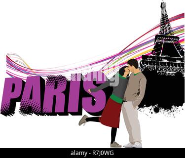 3D parola Parigi sulla torre Eiffel grunge sfondo con kissing giovane. Illustrazione Vettoriale Illustrazione Vettoriale