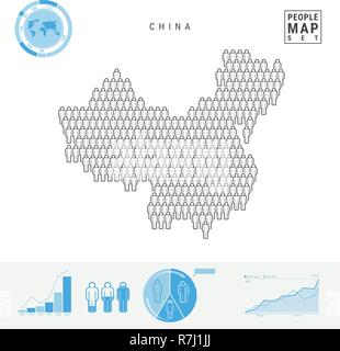 Cina icona Persone Mappa. Vettore stilizzati Silhouette della Cina. Tasso di crescita e di invecchiamento della popolazione Infographics Illustrazione Vettoriale