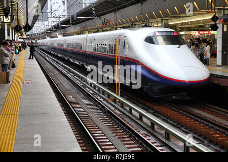 TOKYO - 4 maggio: viaggiatori board Shinkansen Hayate treno il 4 maggio 2012 alla Stazione di Tokyo. Hayate ha la massima velocità operativa di 275km/h ed è tra i più veloci Foto Stock