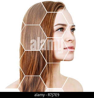 Bellissimo volto femminile in favi. Spa e faccia il concetto di sollevamento. Foto Stock