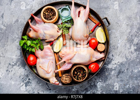 Crudo fresco quaglie e gli ingredienti in un vassoio sul tavolo della cucina Foto Stock