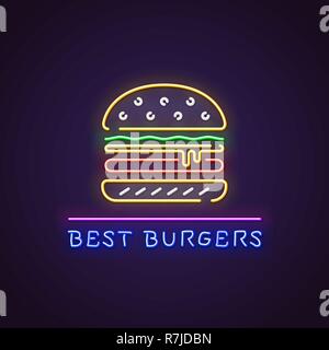 Hamburger insegna al neon. Neon incandescente segno di grande burger. migliori hamburger lettere incandescente in colori retrò. Un ristorante fast food concept. Illustrazione Vettoriale