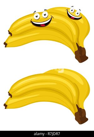 Banana. I grappoli di banane fresche frutta isolato su sfondo bianco, raccolta di illustrazioni vettoriali. Divertente personaggio dei fumetti illustrazione. Illustrazione Vettoriale