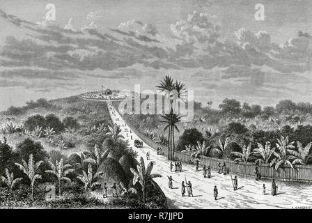 Africa centrale. La capitale del Reino de Il Buganda (attuale Uganda) gobernada por el Rey Muteesa o Mtesa I. Grabado por A. Sargent. Grabado. Africa inexplorada, El Continente misterioso, por Henry Morton Stanley, h. 1887. Biblioteca Histórico Militar de Barcelona, Cataluña, España. Foto Stock