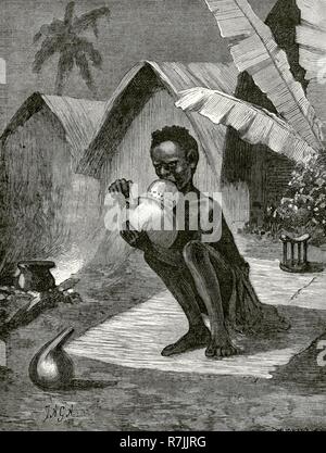 Africa centrale. Indigena africano fumando Cannabis o riamba (cáñamo). Grabado. Africa Inexplorada, El Continente misterioso, por Henry Morton Stanley, h. 1887. Biblioteca Histórico Militar de Barcelona, Cataluña, España. Foto Stock