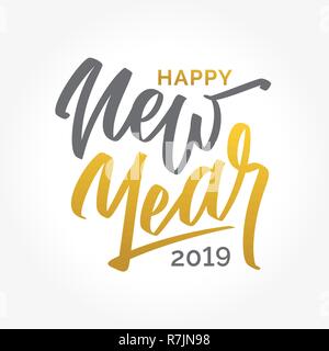 Felice Anno Nuovo 2019 scritto a mano scritte due testo colorato, calligrafia. la tipografia. Vector gold card modello con i messaggi di saluto in francese. flyer, banner, poster Illustrazione Vettoriale