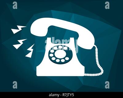 Vintage bianco telefono squillare sul moderno bassa blu poli dello sfondo. Call us, contattaci, urgente aiutare, concetto. Illustrazione Vettoriale, di tipo piatto Illustrazione Vettoriale