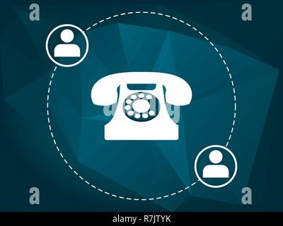 Bianco telefono vintage sulla bassa blu poli lo sfondo con le icone di due persone. Due persone di comunicare. Comunicazione, servizio clienti, concetto. Illustrazione Vettoriale