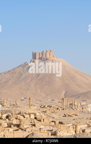 Le rovine della città antica di Palmyra, Fakhr-al-Din al-Maani Castello Castello sul retro, Palmyra distretto, Homs Governatorato, Siria Foto Stock