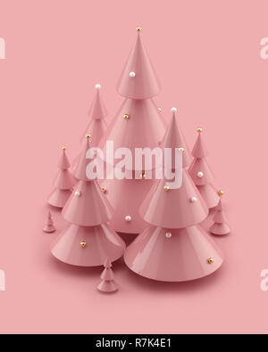 Alberi di Natale con decorazioni rosa su fondo oro 3D'illustrazione. Sfondo di vacanza. Buon Natale e Felice Anno Nuovo concetto. Il rendering 3D. Foto Stock
