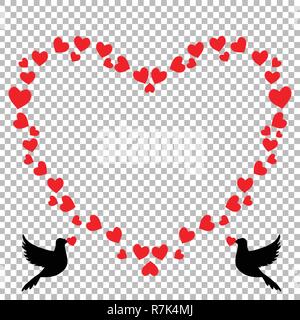 Vettore rosso a forma di cuore retro vintage border photo frame di cuori con amorevole colombe giovane piccioni silhouette nera. Modello per il giorno di San Valentino gre Illustrazione Vettoriale