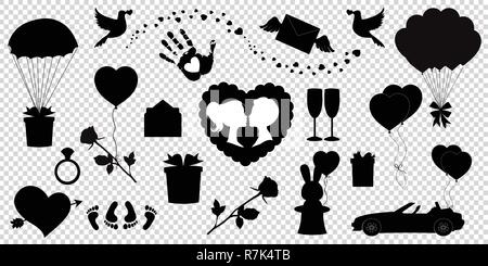 Amore icone. set di 20 modificabile amore pieno cuore di icone, labbra, famiglia, cuore con freccia, rosa, giovane, cuore cerca la donna con carrozzina, neonato Illustrazione Vettoriale