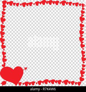 Vector red retro vintage border photo frame fatta di cuori con freccia cuore trafitto silhouette nell'angolo isolato. Modello di Scrapbooking con copia spa Illustrazione Vettoriale