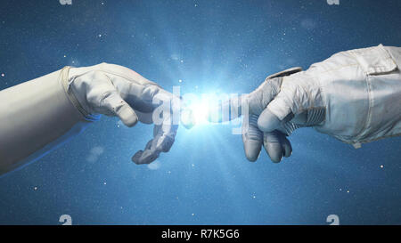 Astronauta mani con blue star, tuta guanti Foto Stock