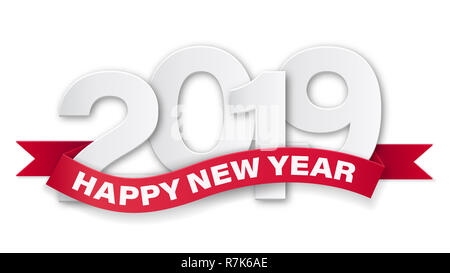 Felice anno nuovo 2019. I numeri di carta con il testo su un nastro rosso. Template vettoriale per biglietto di auguri, invitare card o un volantino con la promozione di vendita. Foto Stock