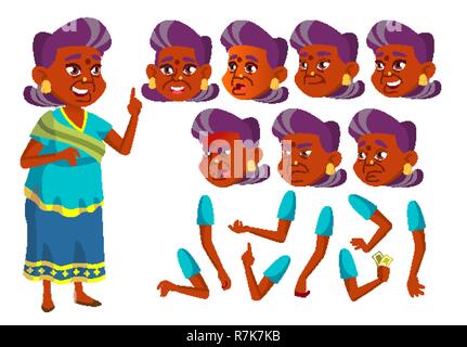 Indian vecchia donna vettore. Hindu. Asian. Senior Persona. Età, gli anziani. Emotivo, pongono. Affrontare le emozioni, vari gesti. Creazione di animazione Set. Piatto isolato personaggio dei fumetti illustrazione Illustrazione Vettoriale