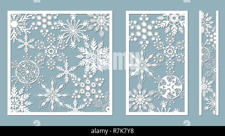 Pannelli ornamentali con schema a fiocco di neve. Taglio Laser pizzo decorativo confini pattern. Set di segnalibri modelli. Immagine adatta per il taglio laser, pl Illustrazione Vettoriale