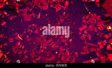 Abstract 3d illustrazione della porpora brillante computer simboli che rappresentano la chiave, a segno, lati positivi e lati negativi, griglie, i numeri e gli altri. Essi guardano optimisti Foto Stock